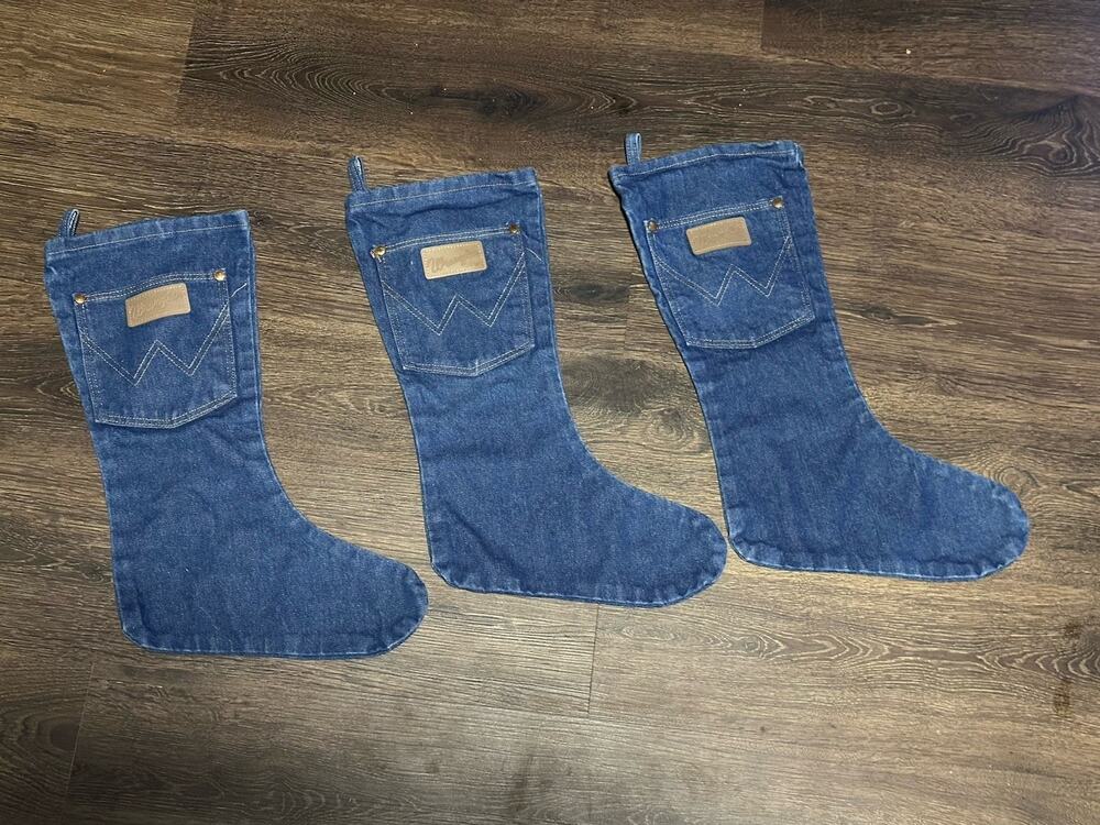 Lot Of 3 Wrangler Denim Christmas Stocking Blue Western Cowboy Jean Logo Pocket